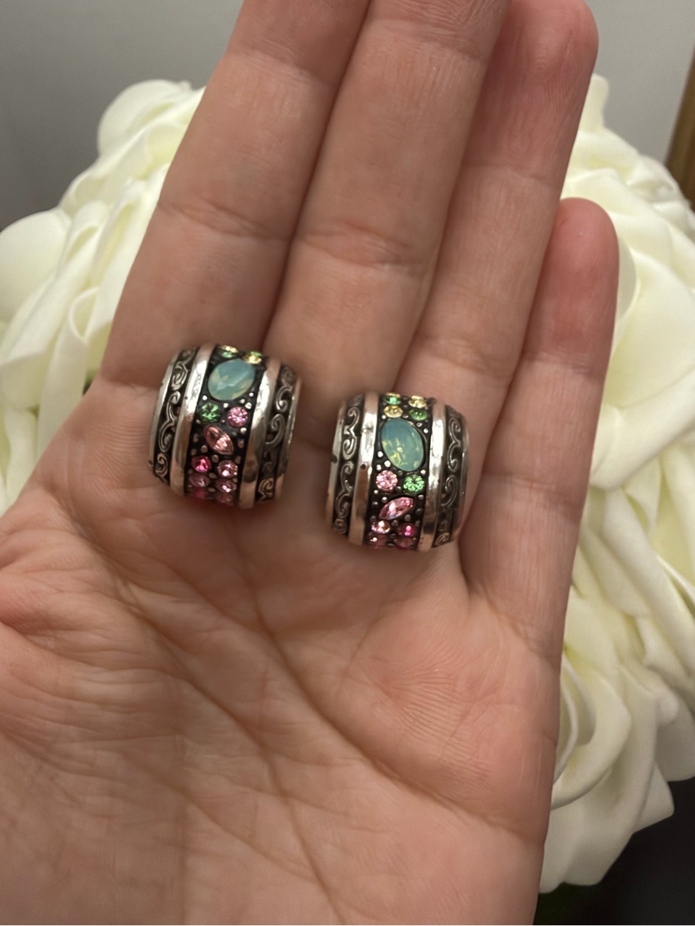 Silver-Tone Multi-Stone Hoop Earrings with Pink & Green Accents